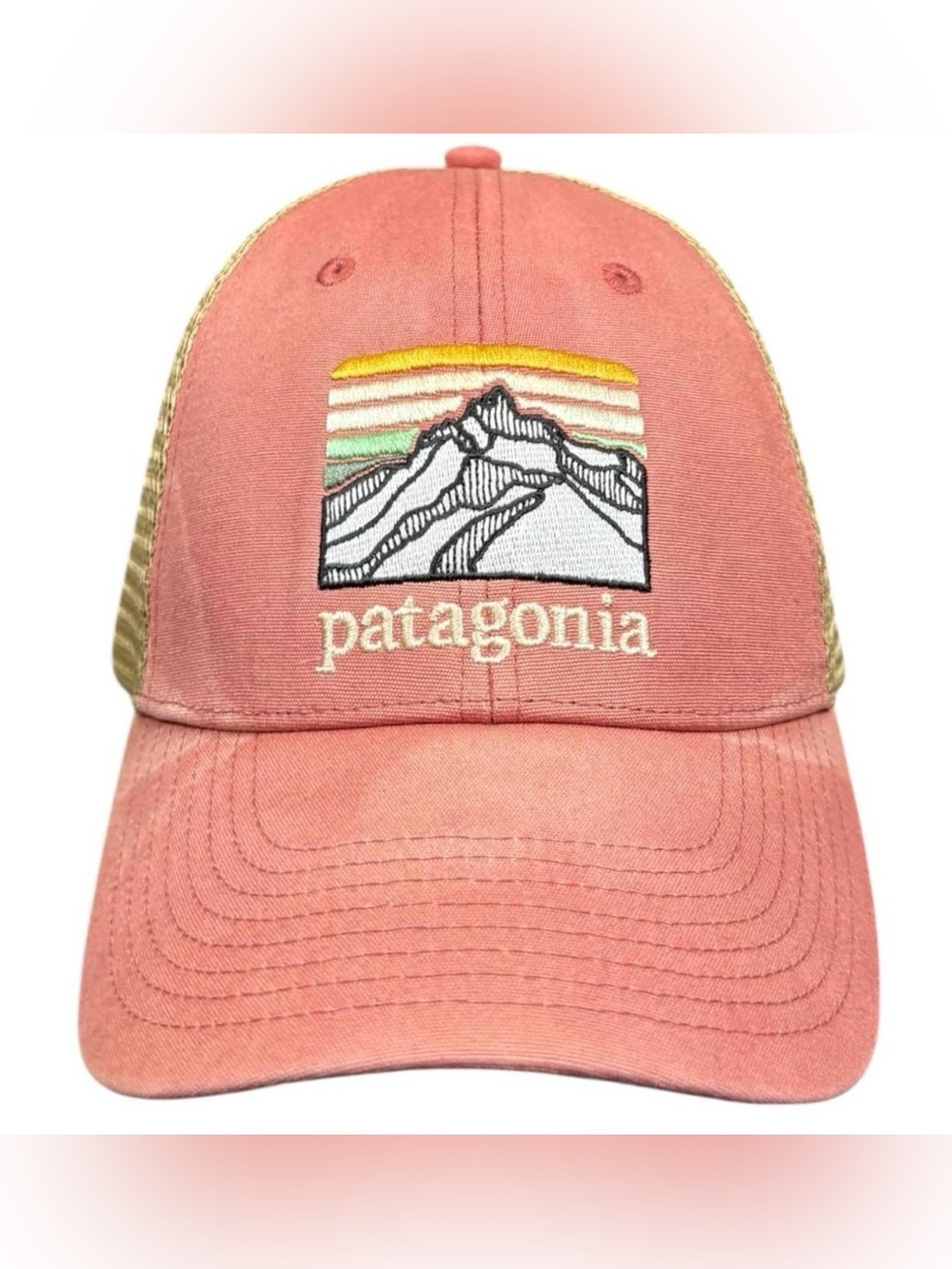 Patagonia Line Logo Ridge LoPro Mesh Trucker Hat Cap Coral Salmon Pink Faded